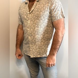 Perry Ellis Casual Linen Button Up Shirt Size Large Blue/White Motif